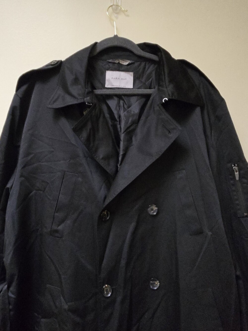Zara Man Black Double-Breasted Trench Coat with Belt Size Large - Picture 10 of 13